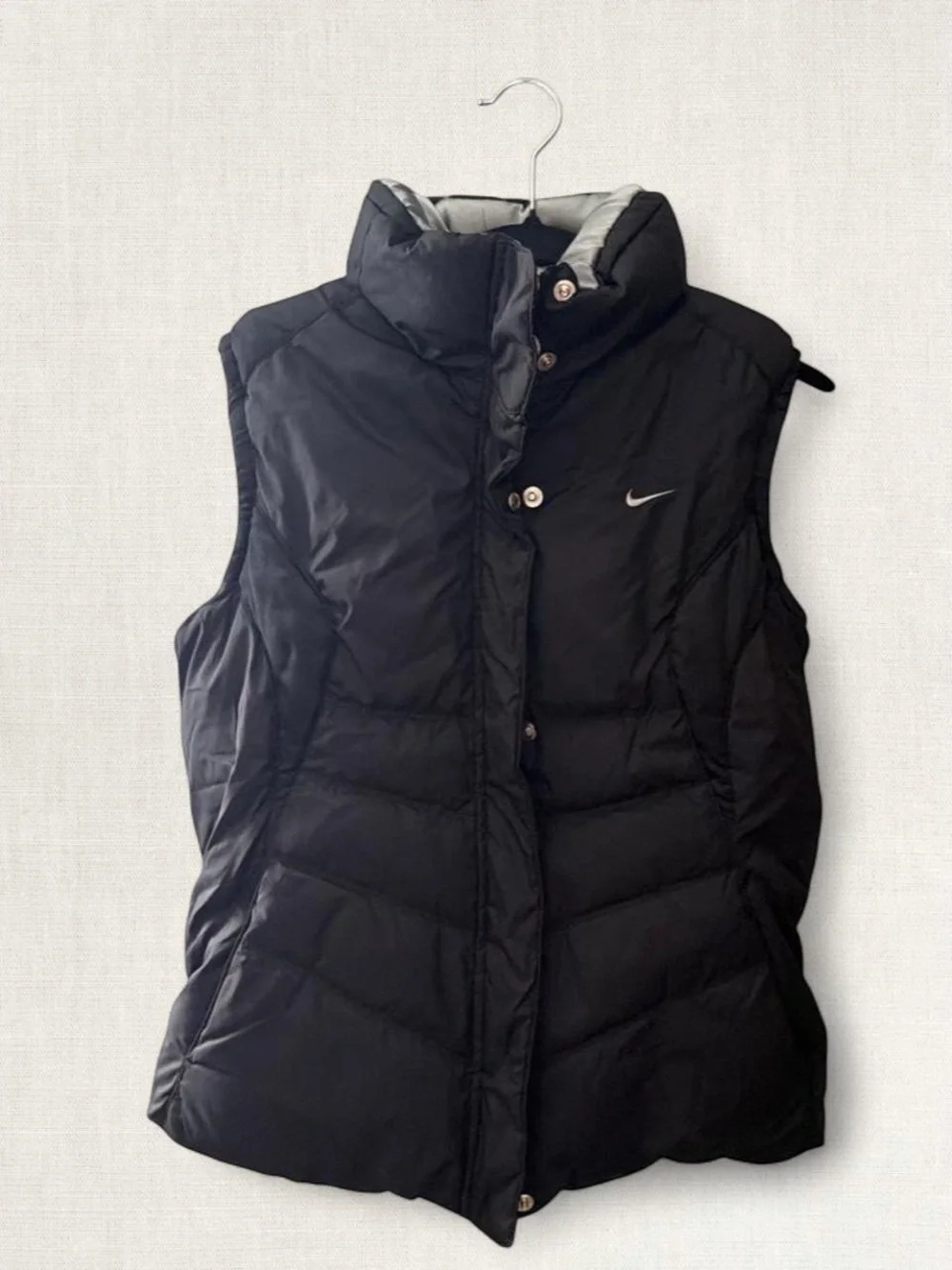 Nike Black Women's Quilted Reversible Puffer Vest with Silver Swoosh